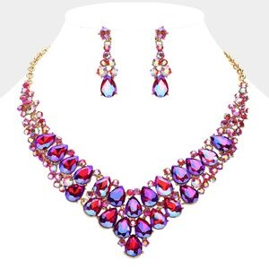 Teardrop Stone Cluster Collar Evening Necklace Set